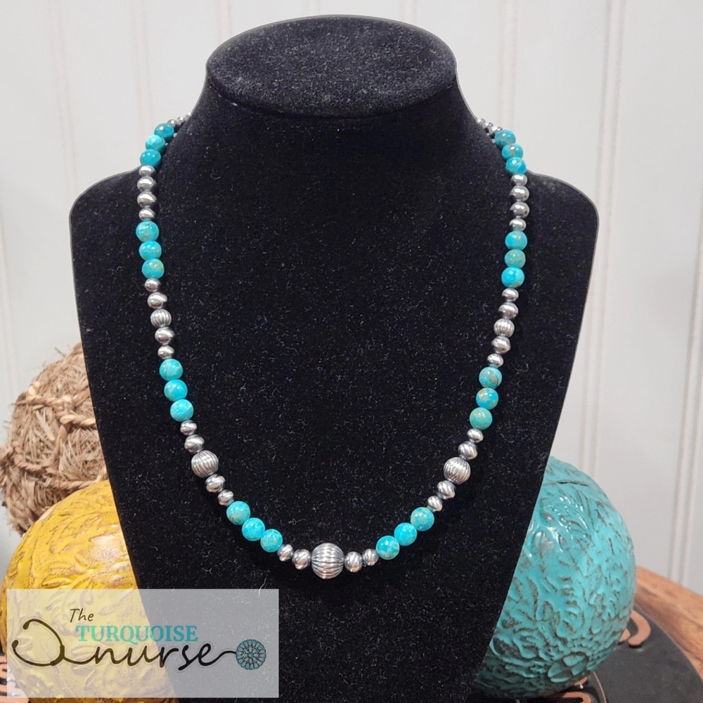 Kingman turquoise beads with smooth and corregated sterling pearls
